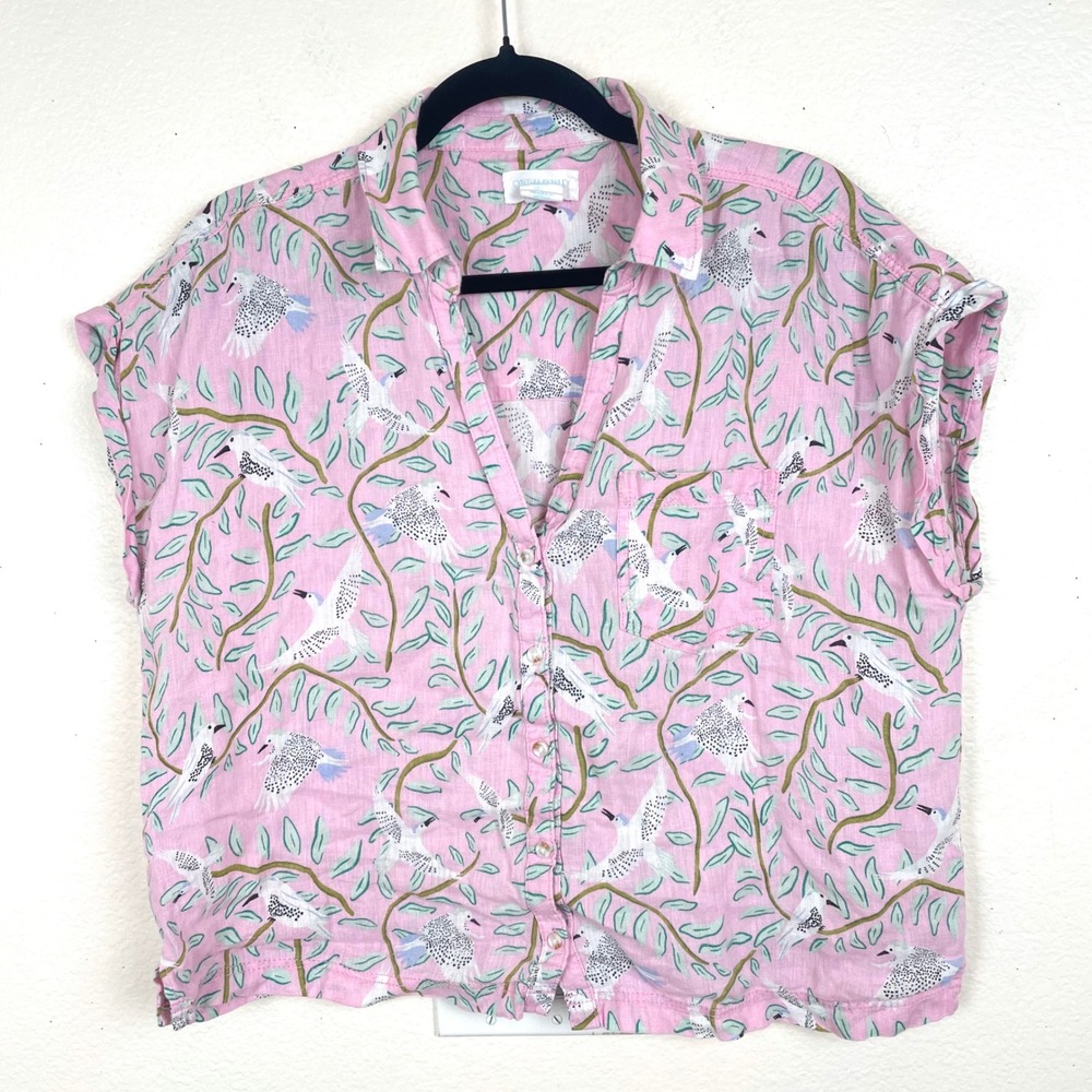 Cynthia Rowley Womens Top Sz L 100% Linen Bird Button Up Short Sleeve Boho Boxy